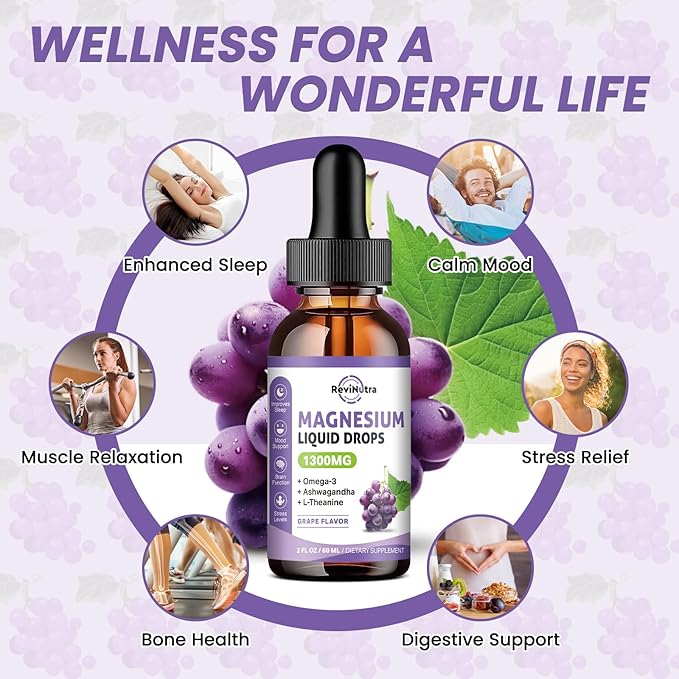 2 Pack Magnesium Liquid Drops, Calm Magnesium Glycinate Liquid Drops with Taurate & Citrate, Potassium, Omega3, L-Theanine, Ashwagandha, D3, B6, B12 for Sleep, Muscle, Heart, Sugar-Free Grape Flavor