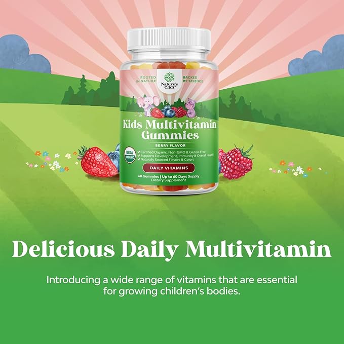 USDA Organic Kids Multivitamin Gummies - Multivitamin for Kids Immune Support with Vitamins A, C, D3, E, B6 & B12, Zinc & Iodine - Children's Vitamins Chewable Formula for Strong Health - 60 Count