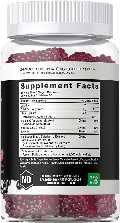 Horbaach Sambucus Black Elderberry Gummies | 60 Count | with Zinc and Vitamin C | Vegan, Non-GMO, Gluten Free Extract for Adults | Berry Flavor | by Berkshire Labs