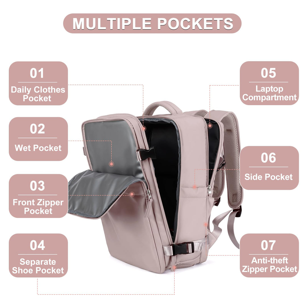 coofay Laptop Travel Backpack For Women Men Airline Approved Carry On Bags For Airplanes Underseat Luggage Backpack For Traveling On Airplane Personal Item Travel Bag For Airlines Pinkish Purple