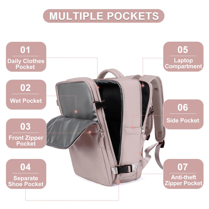 coofay Laptop Travel Backpack For Women Men Airline Approved Carry On Bags For Airplanes Underseat Luggage Backpack For Traveling On Airplane Personal Item Travel Bag For Airlines Pinkish Purple