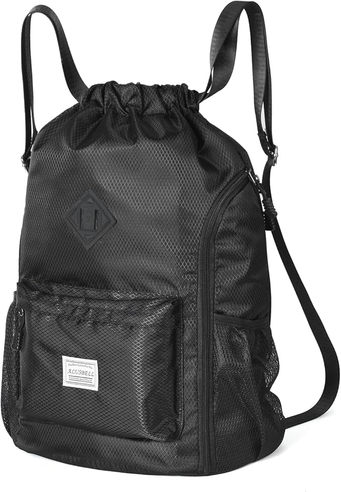 ALUSBELL Large Drawstring Backpack Bag, Sports Gym Bag String Sackpack with Shoes Compartment, Waterproof String Bag Cinch for Women Men(Black)