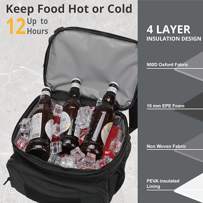 ATRIPACK 2 Compartment Lunch Bag for Men Adult, Tactical Lunch Box Leakproof Insulated Large Cooler Bag for Work with Adjustable Shoulder Strap Flag Double Layer Lunch Pail（Black）