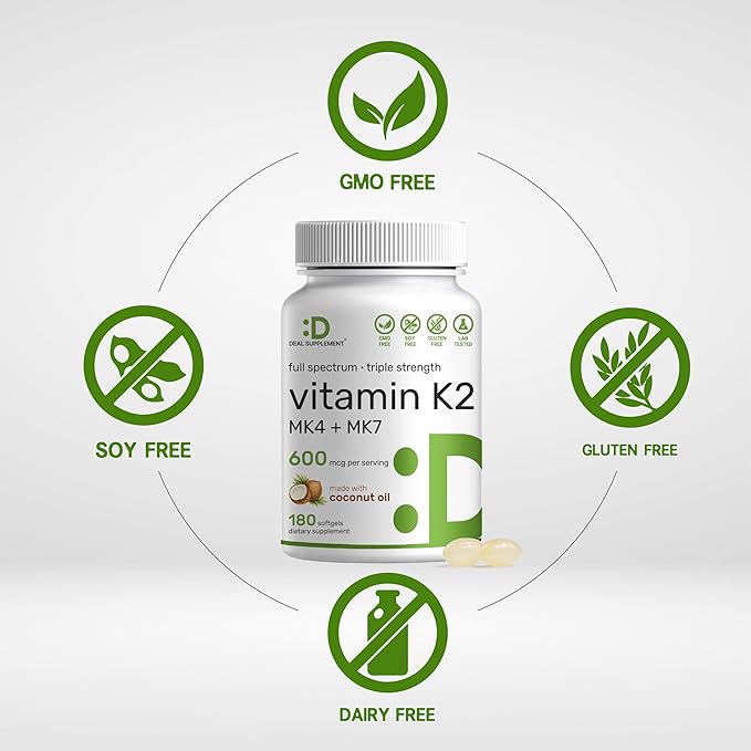 Vitamin K2 Supplement 600mcg, 180 Virgin Coconut Oil Softgels (6 Month Supply) – Full Spectrum MK-7 & MK-4 Forms, High Absorption, Triple Strength K Vitamins – Bone, Joint, & Immune Support – Non-GMO