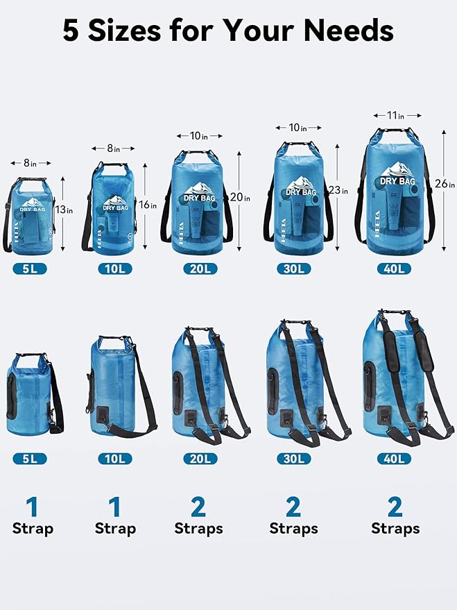 HEETA Dry Bag Waterproof for Women Men, 5L/10L/20L/30L/40L Roll Top Lightweight Dry Storage Bag Backpack with Phone Case for Travel, Swimming, Boating, Kayaking, Camping & Beach, 11 Transparent Colors