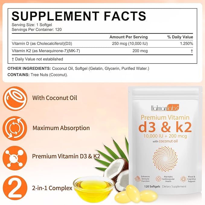 2 Bag Vitamin D3 K2 Supplement Softgel, Vitamin D3 K2 Softgel with 10000 IU Supports Immune, Heart, Teeth & Bone Health, Free of GMO, Gluten, Soy