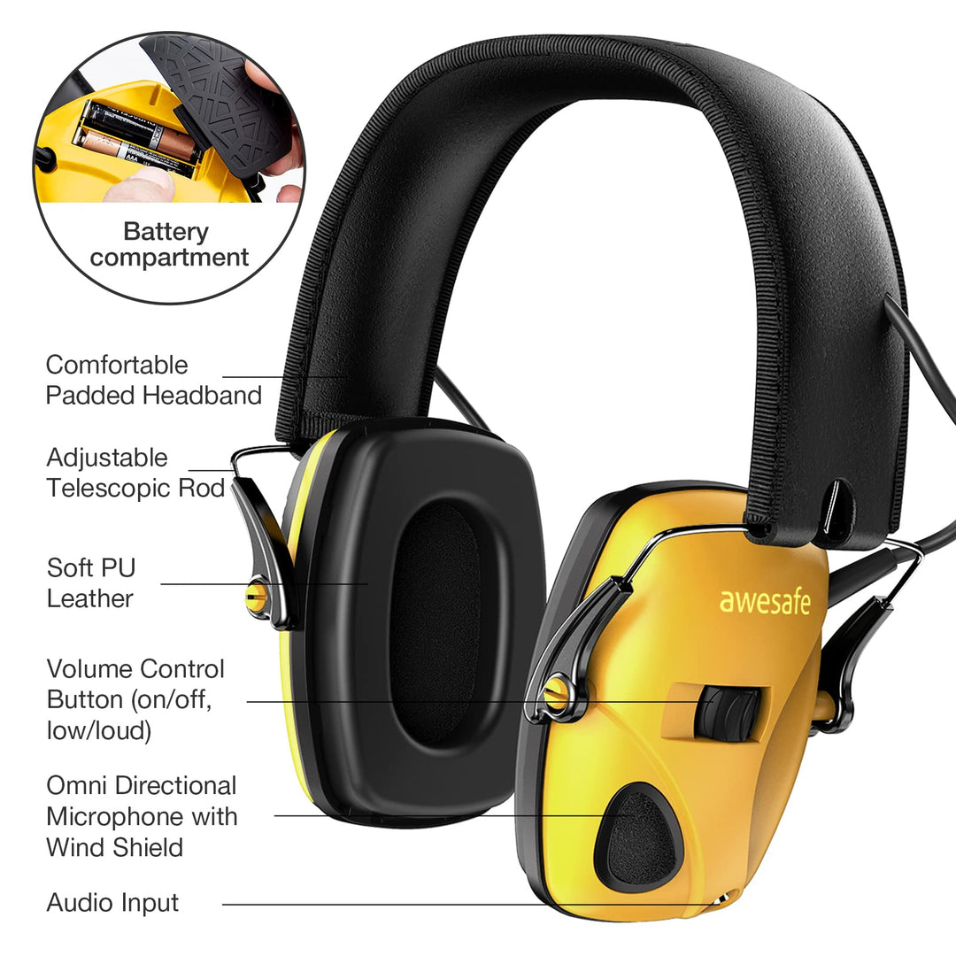 awesafe Electronic Shooting Earmuffs Ear Hearing Protection Headphones for Shooter Gun Range Noise Reduction Sound Amplification (Yellow)