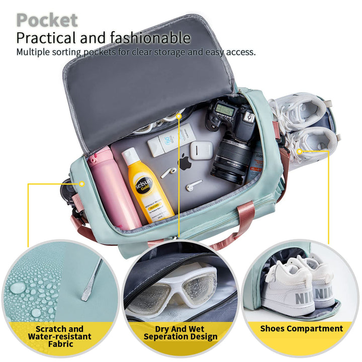 FIORETTO Women's Water-Resistant Gym Duffle Bag with Shoes Compartment, 37L Capacity, Multi-Functional, Ideal for Travel, Gym, Sports, Weekender, Green & Pink