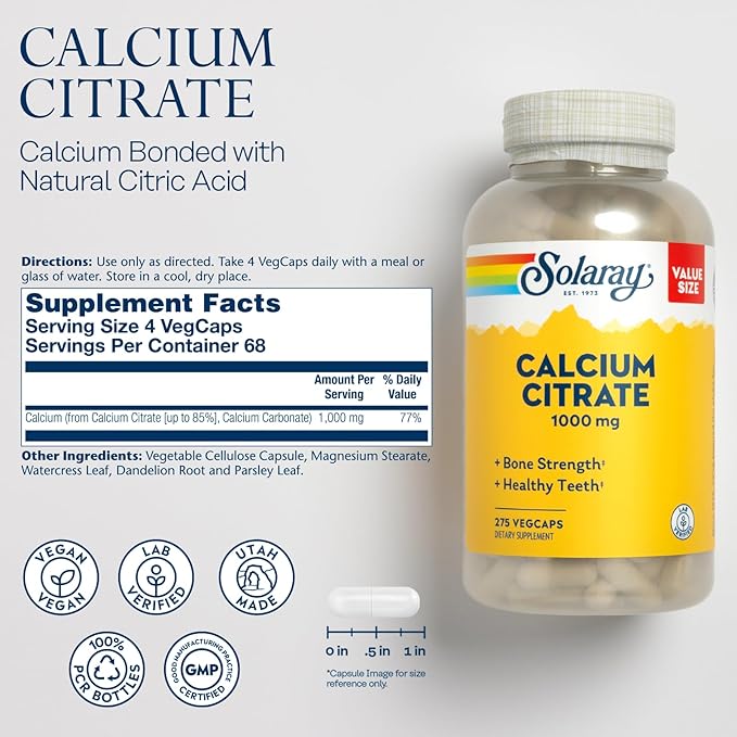 Solaray Calcium Citrate 1000mg - Chelated Calcium Supplement - Supports Bone Strength and Healthy Teeth - Easy to Digest - 60-Day Guarantee, Vegan - 68 Servings, 275 VegCaps
