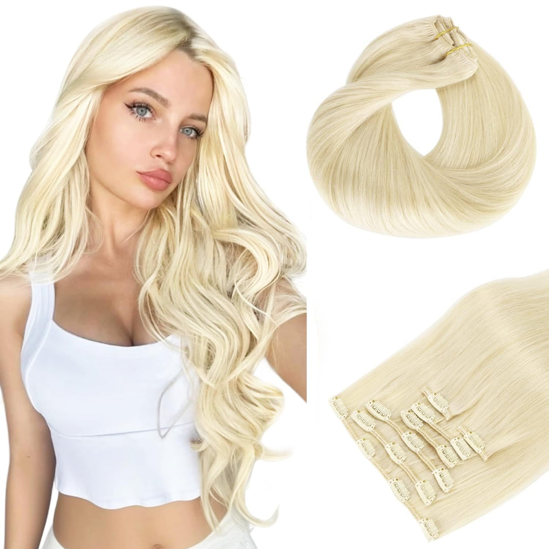 Hotbanana Human Hair Clip In Hair Extensions, Platinum Blonde 120G Clip In Hair Extensions Real Human Hair Straight Remy Hair Cl