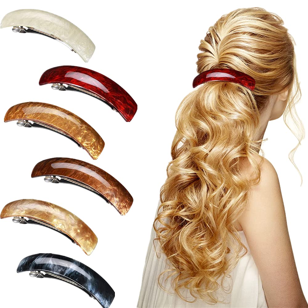 6 Pieces Large Hair Barrettes For Women, Retro Acrylic Large French Automatic Hair Clips For Women Girls And Hair Clasps For Thi