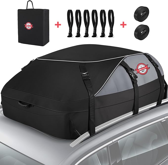 Sailnovo Rooftop Cargo Carrier, 20 Cubic Feet Waterproof Vehicle Soft-Shell Carriers for Cars with/Without Luggage Rack, Roof Rack Cargo Carrier Includes 6 Door Hooks, Reinforced Strap