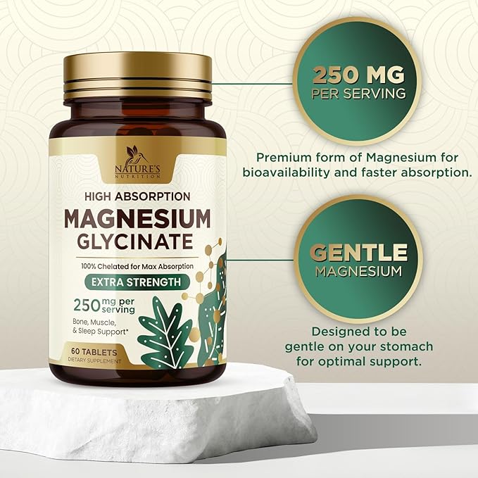 Magnesium Glycinate 250 mg, 100% Chelated Magnesium Supplement - High Absorption Magnesium for Muscle, Heart, Bone and Nerve Health Support, Nature's Gluten Free, Vegan, Non-GMO Capsules - 60 Count