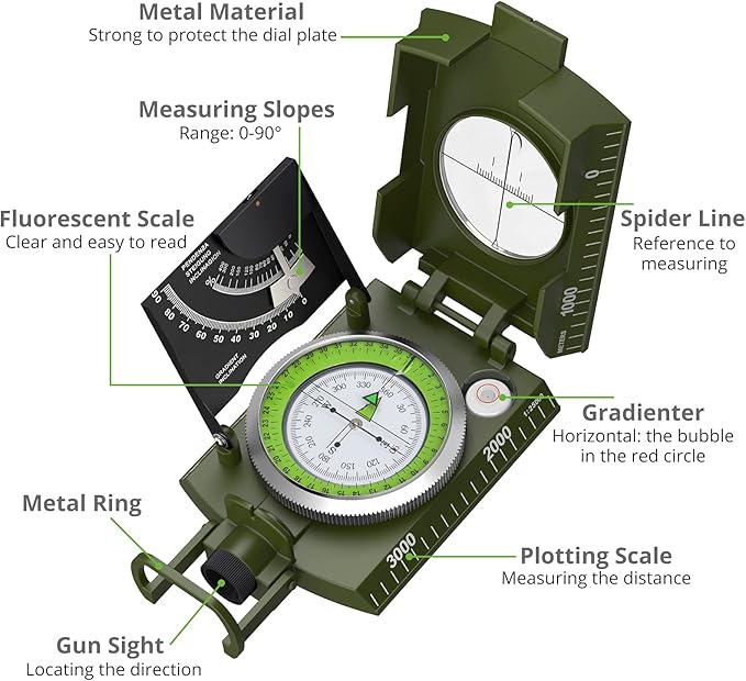 Proster IP65 Compass Hiking Survival - Lensatic Sighting Compass for Camping Navigation, Compass with Clinometer & Carry Bag for Camping Hunting Hiking Geology Activities