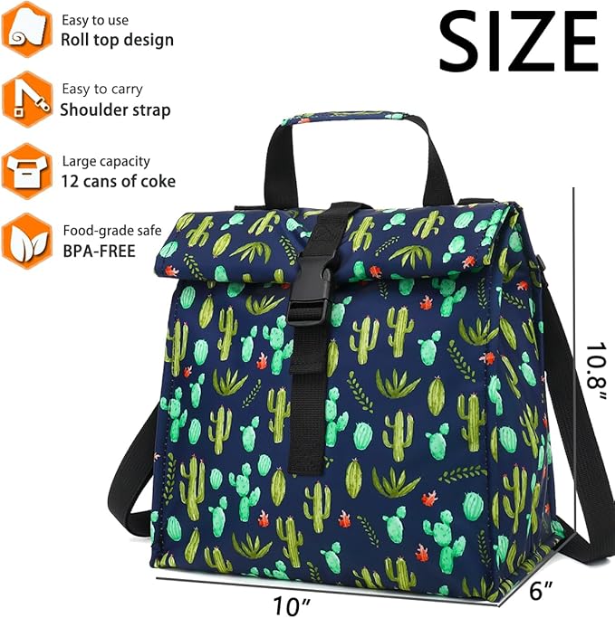 Cactus Unisex Thermal Lunch Bag, 8.8" x 6" x 9" - Oxford Fabric, BPA Free, Adjustable Shoulder Strap, 330ml Capacity