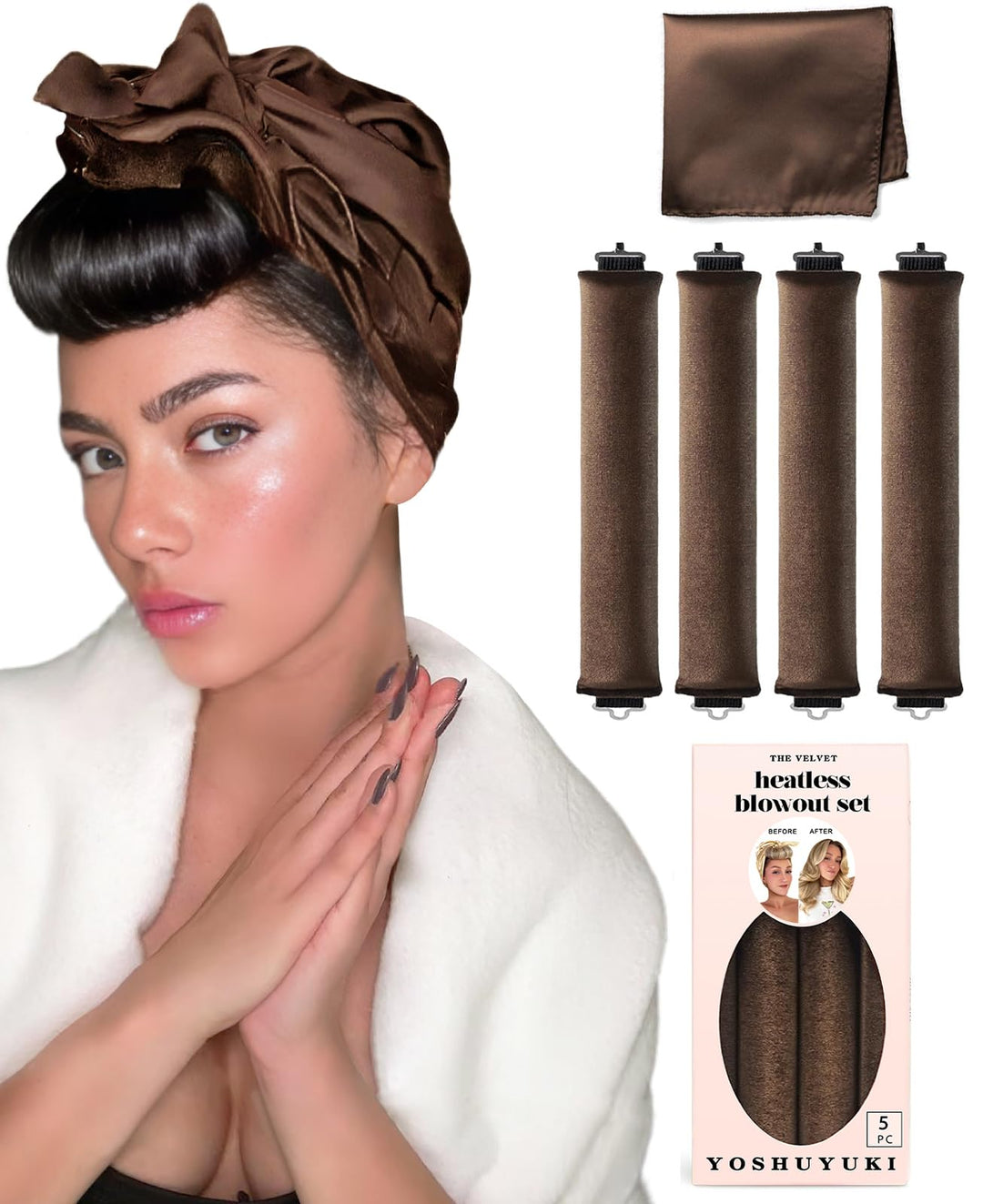 YOSHUYUKI Heatless Curls Overnight Rods No Heat Hair Curlers to Sleep Jumbo Foam Large Hair Rollers for Long Short Hair Heatless Curling Rod Set Styling Tools with Silk Scarf Wrap for Sleeping Brown