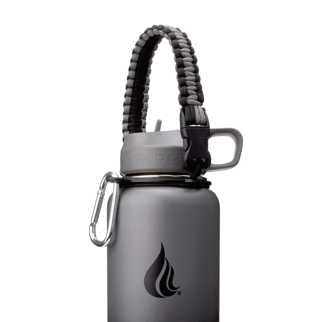 HYDRO CELL Paracord Handle for Wide Mouth Water Bottles - Carrier Strap w/Attachment Ring and Carabiner Accessory. Compatible w/ 64oz, 40oz 32oz, 24oz, 18oz, 14oz Insulated Bottles (Graphite/Black)