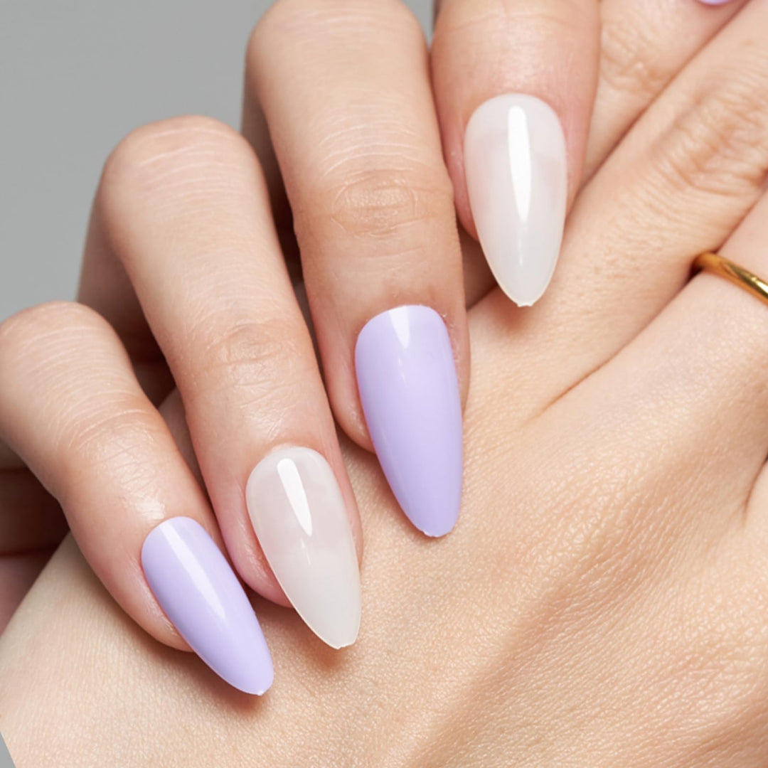 GLAMERMAID Press on Nails Medium Almond, Spring Summer Purple and White Gel Glue on Nail, 24Pcs Glossy Short Stiletto Reusable UV Finish Fake Nails Acrylic False Nails Manicure Kits for Women