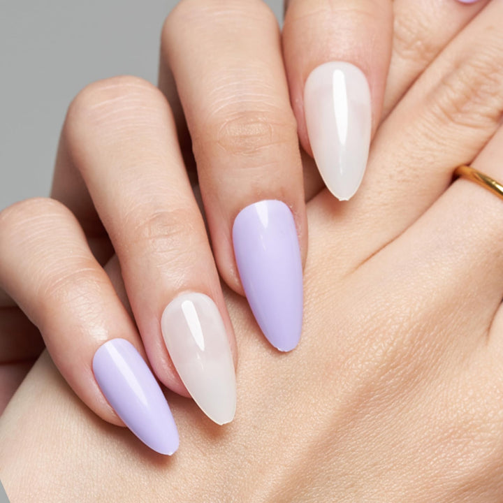 GLAMERMAID Press on Nails Medium Almond, Spring Summer Purple and White Gel Glue on Nail, 24Pcs Glossy Short Stiletto Reusable UV Finish Fake Nails Acrylic False Nails Manicure Kits for Women