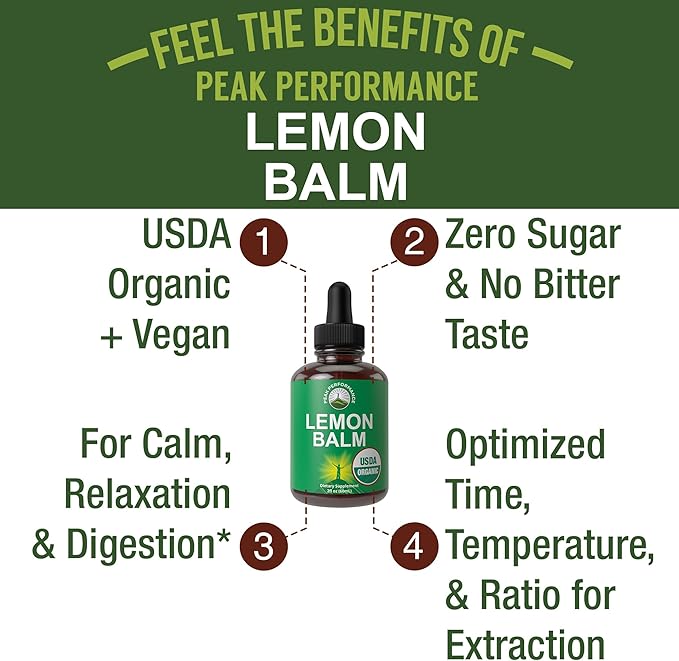 USDA Organic Lemon Balm Tincture. Liquid Organic Lemon Balm Oil Drops Supplement for Relaxation, Calm, Digestion. Vegan Leaf Extract. Zero Sugar, Gluten Free Supplements for Women and Men