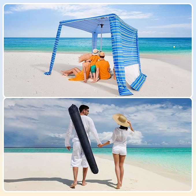 Beach Cabana - Cool 6.2’x6.2’ UPF 50+ Sun Shade, Easy Setup & Portable, Waterproof Canopy with Sand Pockets, Side Wall & Beach Umbrella Tent Design - Perfect for Family Trips, Picnics & Camping
