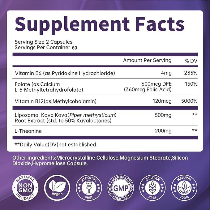 Kava Kava Root Extract Supplement - Liposomal Kava Capsules with L Theanine 200mg, 50% Kavalactones, Relax Calming Kava Extract, Vitamin B6, B12 - for Sleep, Mood, Cognitive & Immune Support, 2 Pack