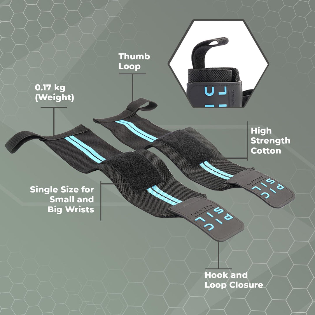 PICSIL Wrist Wraps with Double Fabric Fastener, Stretchable Wrist Straps for Weightlifting, Cotton Wrist Straps with Thumb Loop, Advanced Weightlifting Straps for Comfort and Stability (Blue)