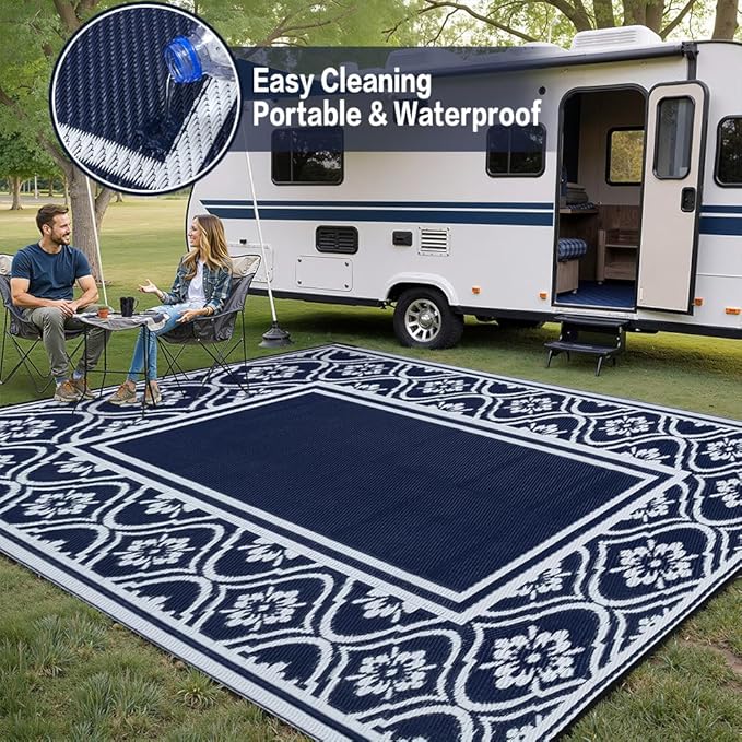Outdoor Rug 8x10 Patio Waterproof Mat Camping Carpet Blue Outside Area Rug Reversible Rugs for RV Deck Entryance Porch Picnic Balcony Beach