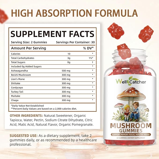Mushroom Gummies Supplement with Ashwagandha - Lion Mane Mushroom Supplement for Adults Kids with Reishi Cordyceps Brain Supplements for Memory and Focus Organic Vegan Non GMO Mixed Fruit Flavor 60CT