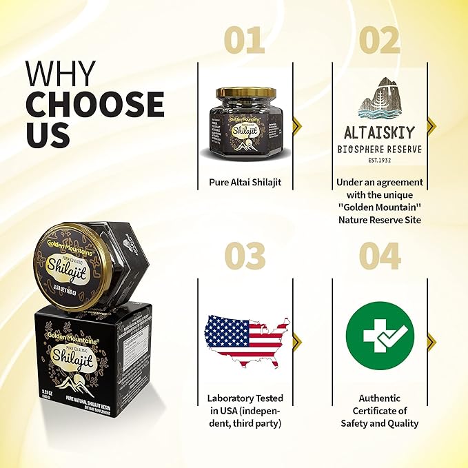 Pure Authentic Siberian Altai Golden Mountains Shilajit Resin 100g 3.53oz - Measuring Spoon – Quality & Safety Certificate in Each Box