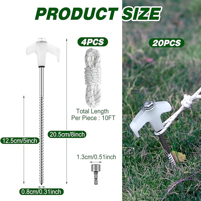 20 Pcs 8'' Screw in Tent Stakes Heavy Duty Camping Stakes Ground Anchors Metal Canopy Stakes Tent Spikes Stake Pegs with 4 x 10 ft Ropes for Sand Hiking Travel with Hex Head Driver(White)