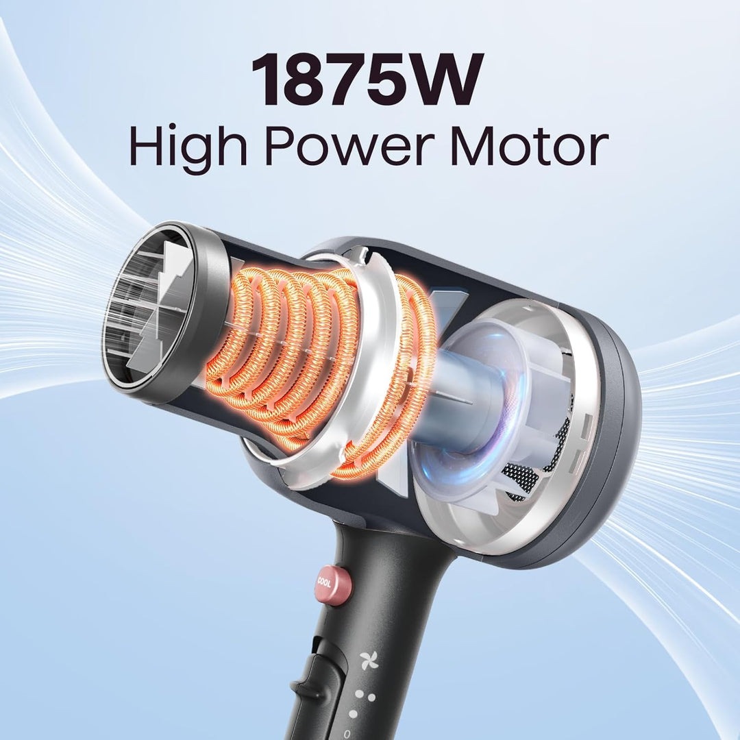Ionic Hair Dryer for Curly Hair | 1875W Fast Drying | Diffuser & Attachments | Rose Gold
