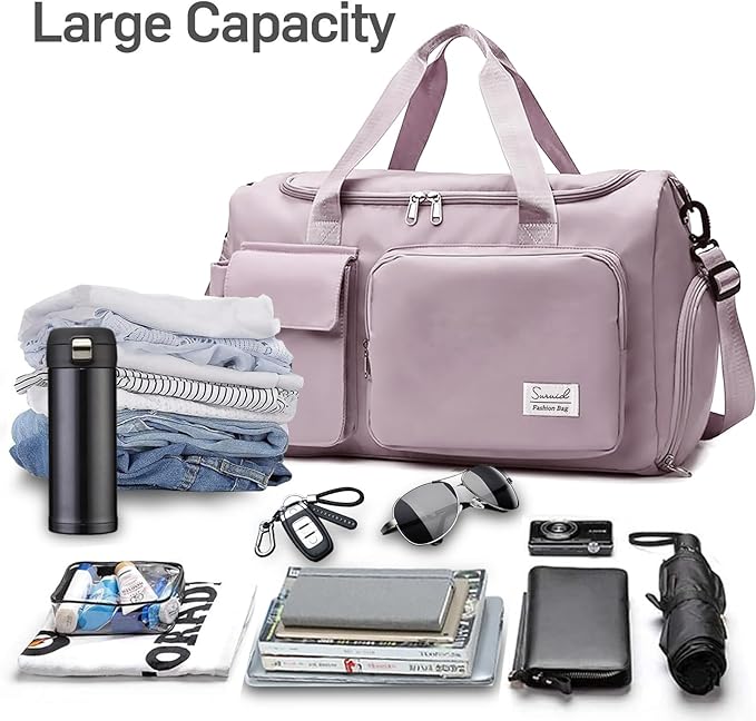 Travel Duffel Bag with Shoes Compartment Sports Gym Bag with Dry Wet Separated Pocket for Men and Women, Overnight Bag Weekender Bag Training Handbag Yoga Bag - Brown Pink