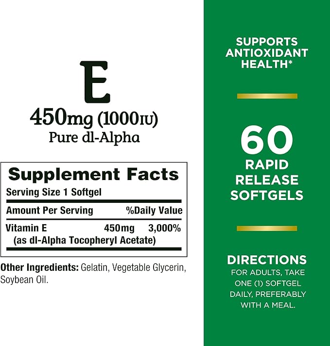 Nature's Bounty Vitamin E 1000 IU Softgels, Supports Antioxidant Health & Immune System, 1 Pack, 60 Softgels