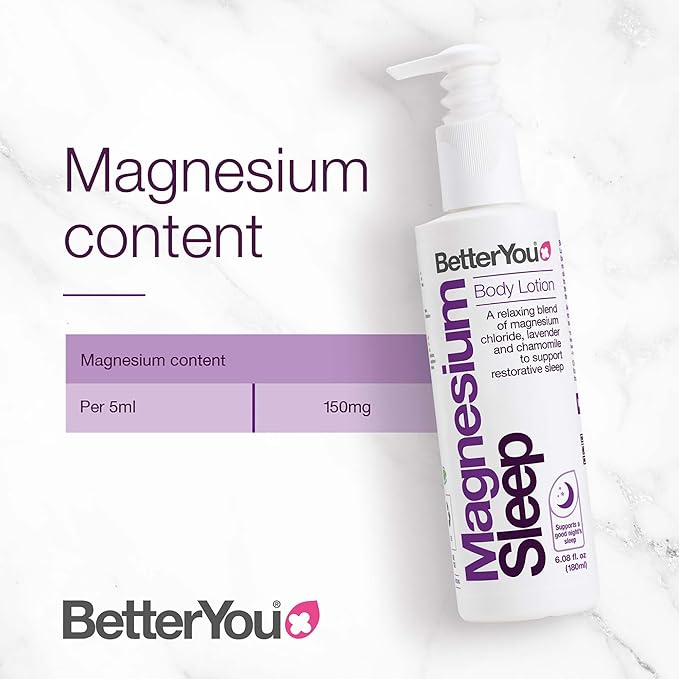BetterYou Magnesium Sleep Body Lotion - Relaxing Body Lotion - Magnesium Body Cream with Lavender and Chamomile Blend - Sore Muscle Relief - 6.08 oz
