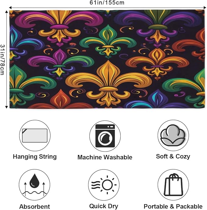 Colorful Mardi Gras Fleur De Lis Beach Towel Oversized Quick Dry Beach Blanket Microfiber Sand Free Absorbent Lightweight Bath Towel for Pool Travel Swimming Camping Women Men, 30" x 60"