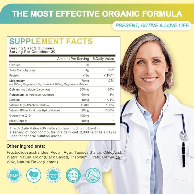 Magnesium Glycinate Gummies 400mg - Sugar Free Magnesium Potassium Supplement with Magnesium Malate, Vitamin D, B6, and CoQ10 for Calm Support & Sleep for Adults - Lemon Gummies