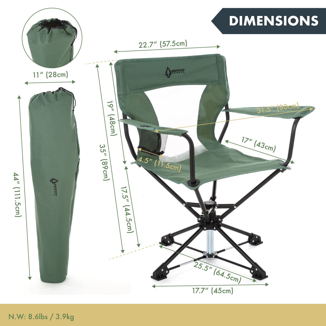 ARROWHEAD OUTDOOR 360° Degree Swivel Hunting Chair Stool Seat, Perfect for Blinds, No Sink Feet, Supports up to 450lbs, Carrying Case, Steel Frame, Fishing, High-Grade 600D Canvas, USA-Based Support