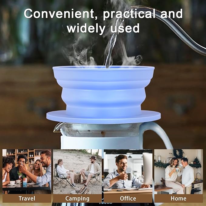 Collapsible Paperless Pour Over Coffee Dripper, Single Cup Travel Pour Over Coffee Maker Camping, Portable Silicone PourOver Coffee Filter with Reusable Metal Mesh Filter (Blue)