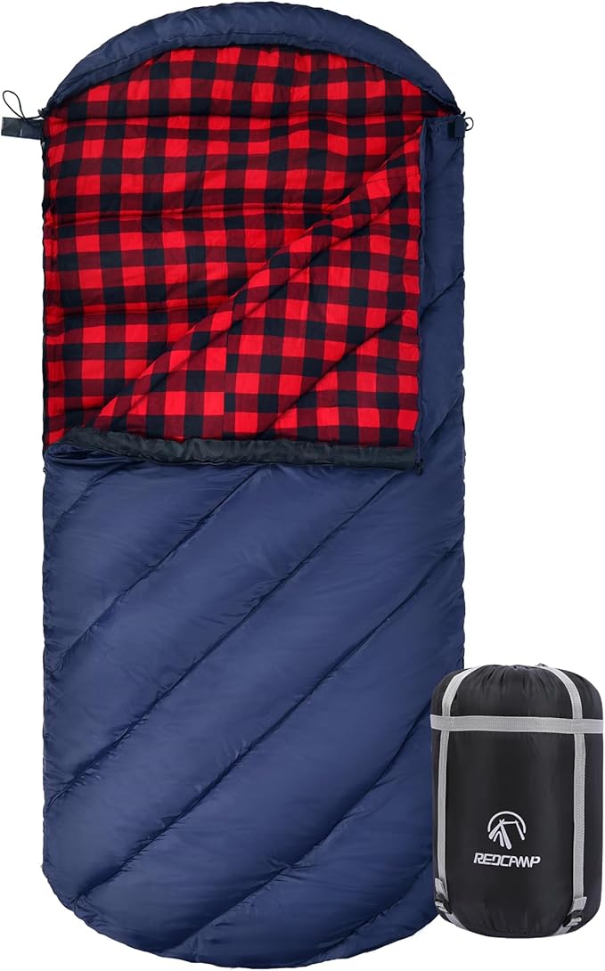 REDCAMP Flannel Sleeping Bag for Adults, Comfortable Cotton Sleeping Bags for Camping with Detachable Hood, Red/Grey/Blue