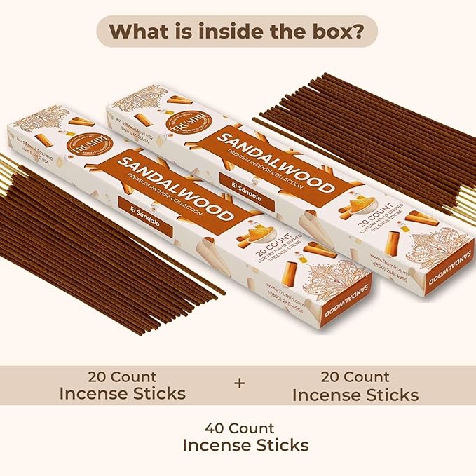 Sandalwood Incense Sticks - Incienso de Sándalo - Total 40 Insence-Sticks - Dual Pack of 20 Insense - Inciensos - Inscents - Natural Non Toxic Ingredients - Incents - Incence - Inscense - Insents