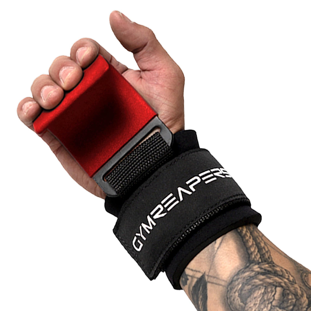 Gymreapers Weight Lifting Hooks (Pair), Heavy Duty Power Wrist Straps Hand Grip Support for Deadlifts, Pull Ups, Shrugs - Gym Gloves for Men and Women (Red)
