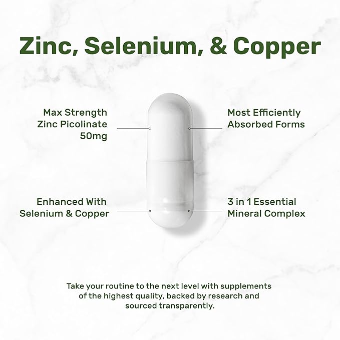 Deal Supplement Zinc 50mg with Selenium + Copper, 240 Capsules, 8 Month Supply, 3 in 1 Mineral Formula, Zinc Picolinate Complex Supplement, Supports Healthy Immune System for Adults and Kids