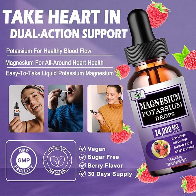 Magnesium Glycinate with Potassium Supplement,Liquid Magnesium Glycinate 500mg Potassium Citrate 500mg, Magnesium Liquid Drops for Vascular, Bone, Heart, Muscle & Nerve Health,Non-GMO,Vegan
