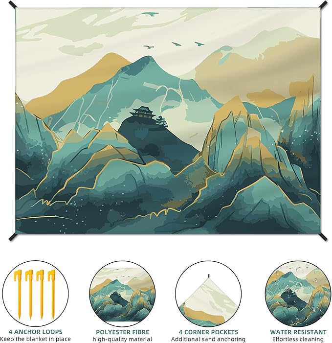 Beach Blanket Waterproof Sandproof Large Beach Mat 83" X 106" for 5-7 Adults Sand Free Mat Quick Drying,Oversized,Lightweight & Durable with 4 Stakes & 4 Corner Pockets for Beach Camping .(Mountain)