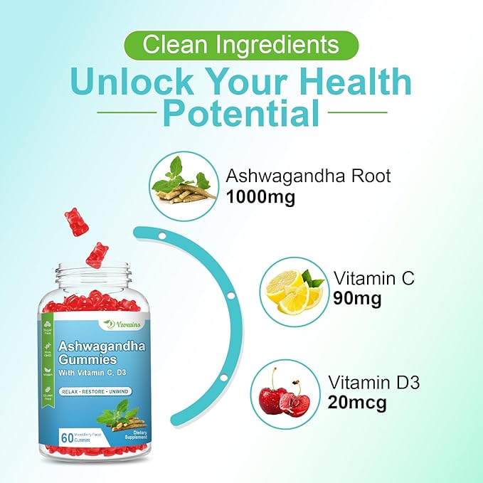 2 Pack Ashwagandha Gummies & Vitamin D Gummies for Women & Men - with Vitamin C for Support Calm Mood, Relaxation & Immune, 120 Mixed Berry Gummies