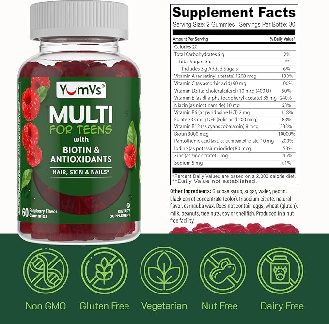 YUM-V'S Teen Multivitamin Gummies with Biotin and Antioxidants - Raspberry Flavor - Hair Skin Nails Support - Vegetarian Kosher Teen Vitamins for Boys and Girls 12-17 - 60 Count (Pack of 2)