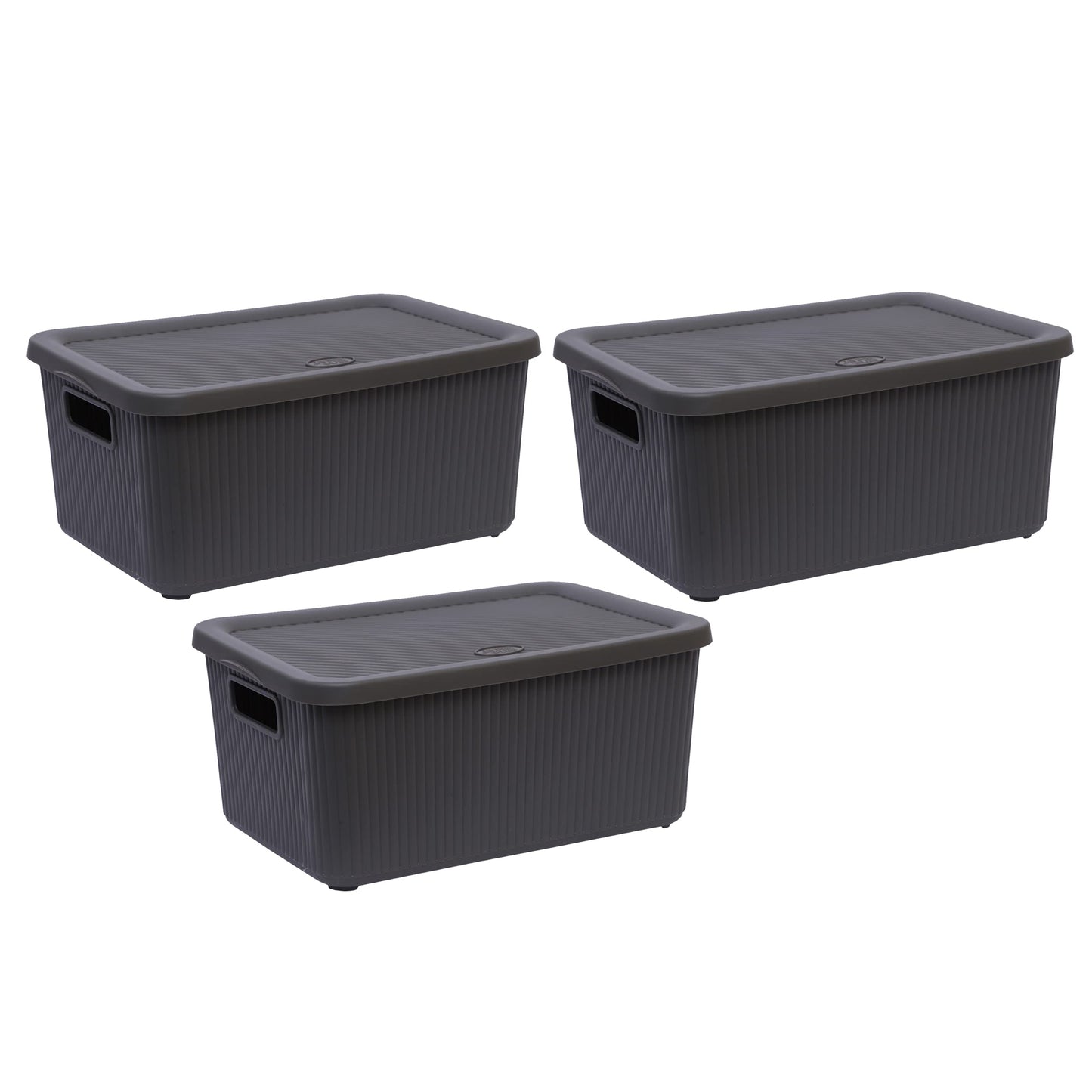 (Set of 3) 14L Litre Multipurpose Utility Plastic Storage Box With Lid & Handles Stackable Basket Container Lidded Storage Decorative Household Organiser Cosmetics Shelves (Bottle Grey)