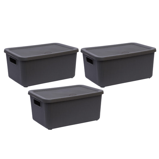 (Set of 3) 14L Litre Multipurpose Utility Plastic Storage Box With Lid & Handles Stackable Basket Container Lidded Storage Decorative Household Organiser Cosmetics Shelves (Bottle Grey)