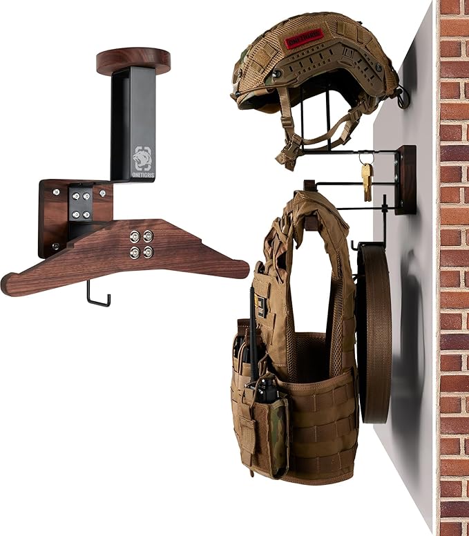 OneTigris Tactical Gear Wall Mount, Motorcycle Helmet Holder Wall Mount Stand, Plate Carrier Rack Jacket Hanger Display Organizer for Police Football Cycling Suit